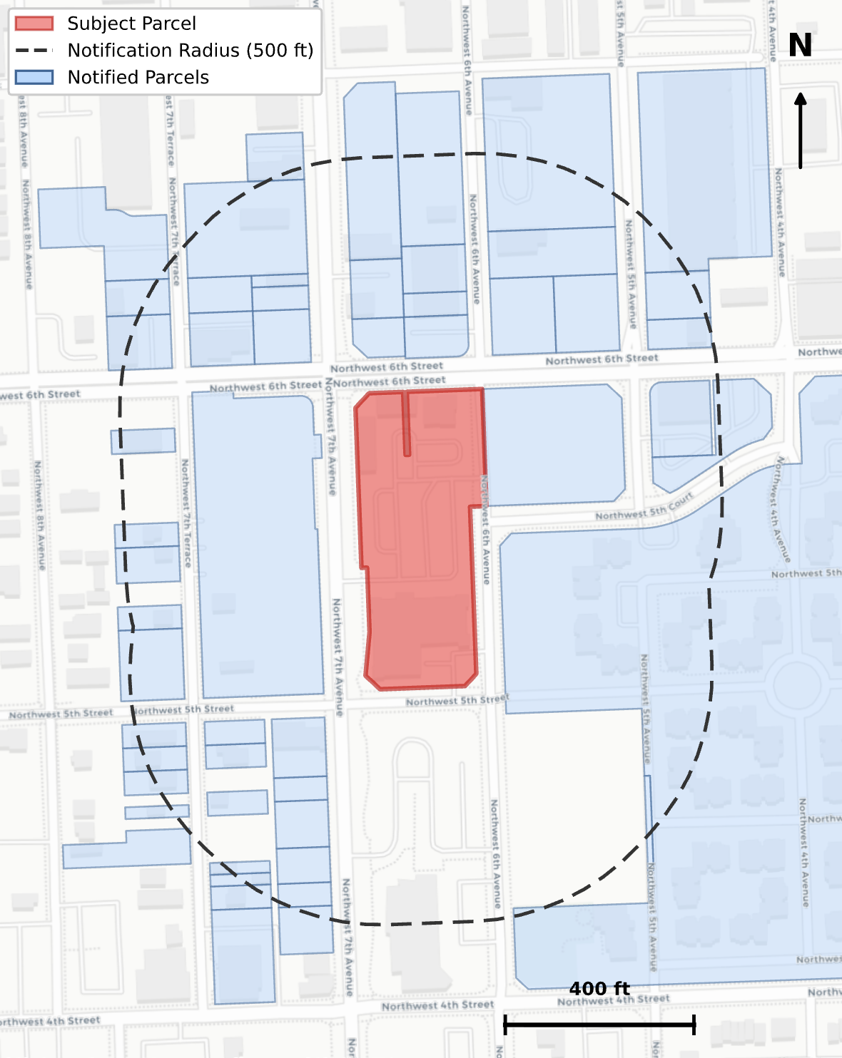 Radius map showing subject parcel, 500ft buffer, and all notified parcels