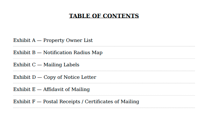 Proof package table of contents showing organized exhibits